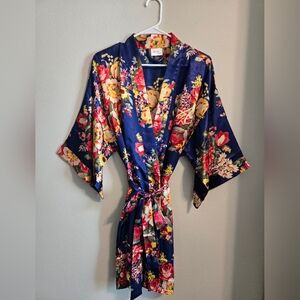 Navy Floral Satin Kimono Robe | Womens M/L